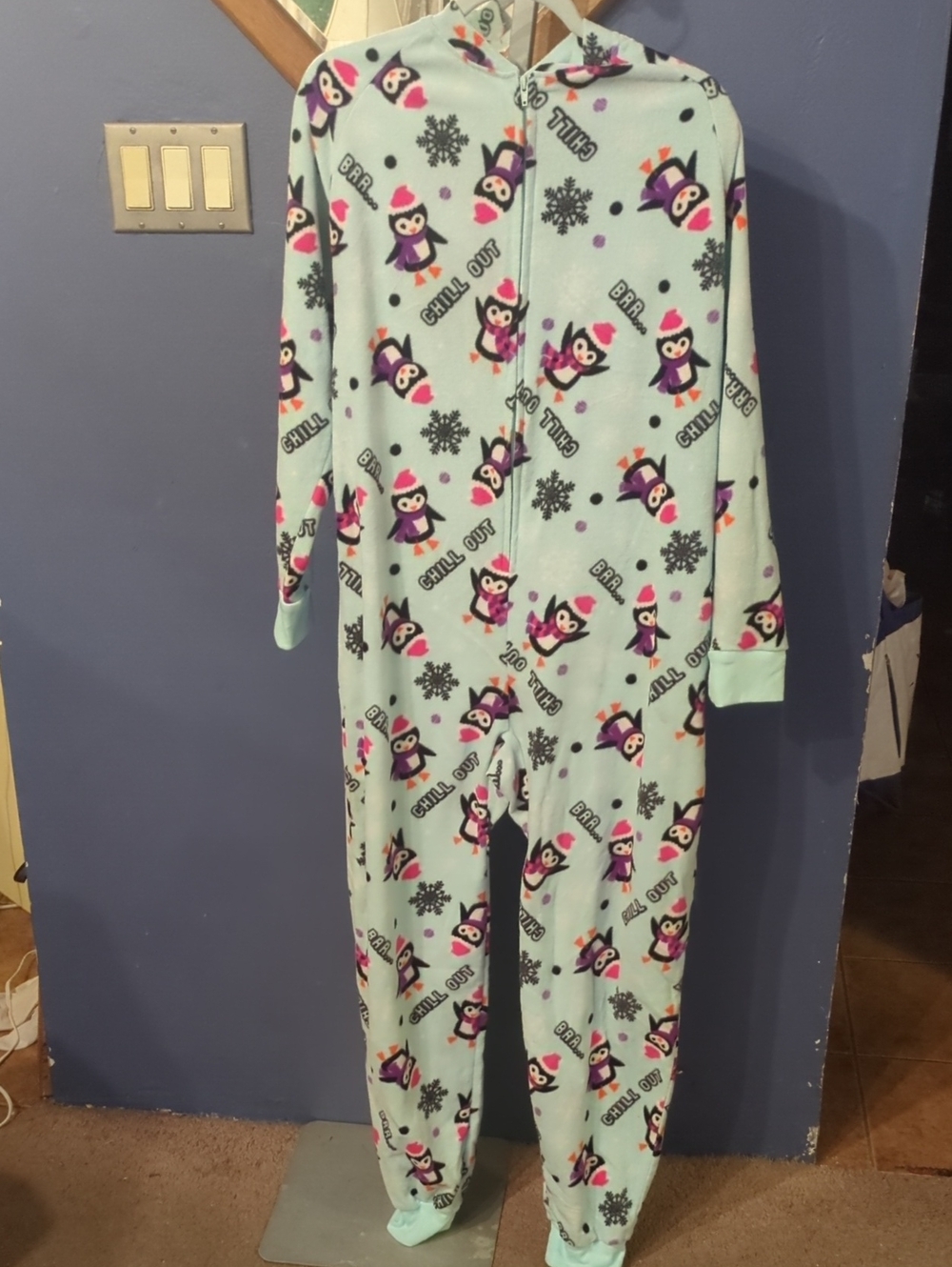 LG Joe Boxer Women Light Blue Winter Penguin Print One-Piece Pajama Jumpsuit